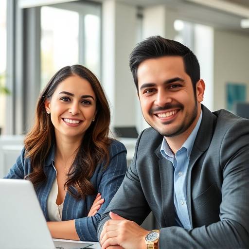 Elena Ramirez y Javier Fernandez, fundadores de Elocuencia Viva, sonriendo en una reunión de equipo.